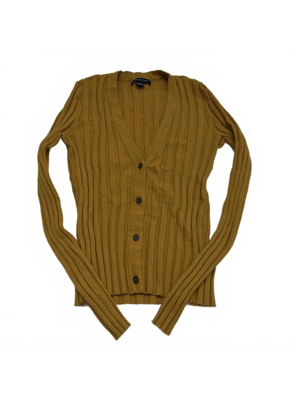 American Eagle Mustard Yellow Ribbed Buttoned Cardigan Cropped Fit Sz XS